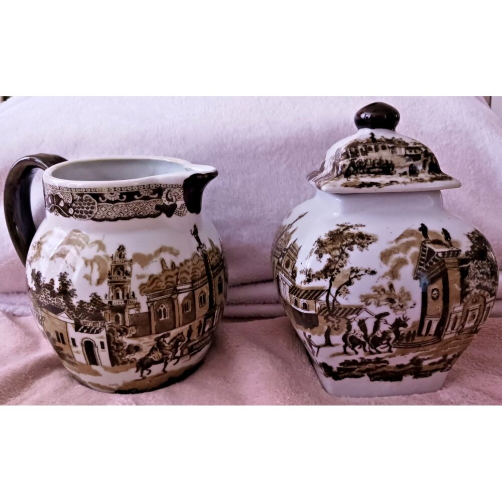 Victoria Ware Ironstone Brown Set Transferware Brown Figure Horse Colonial Art
